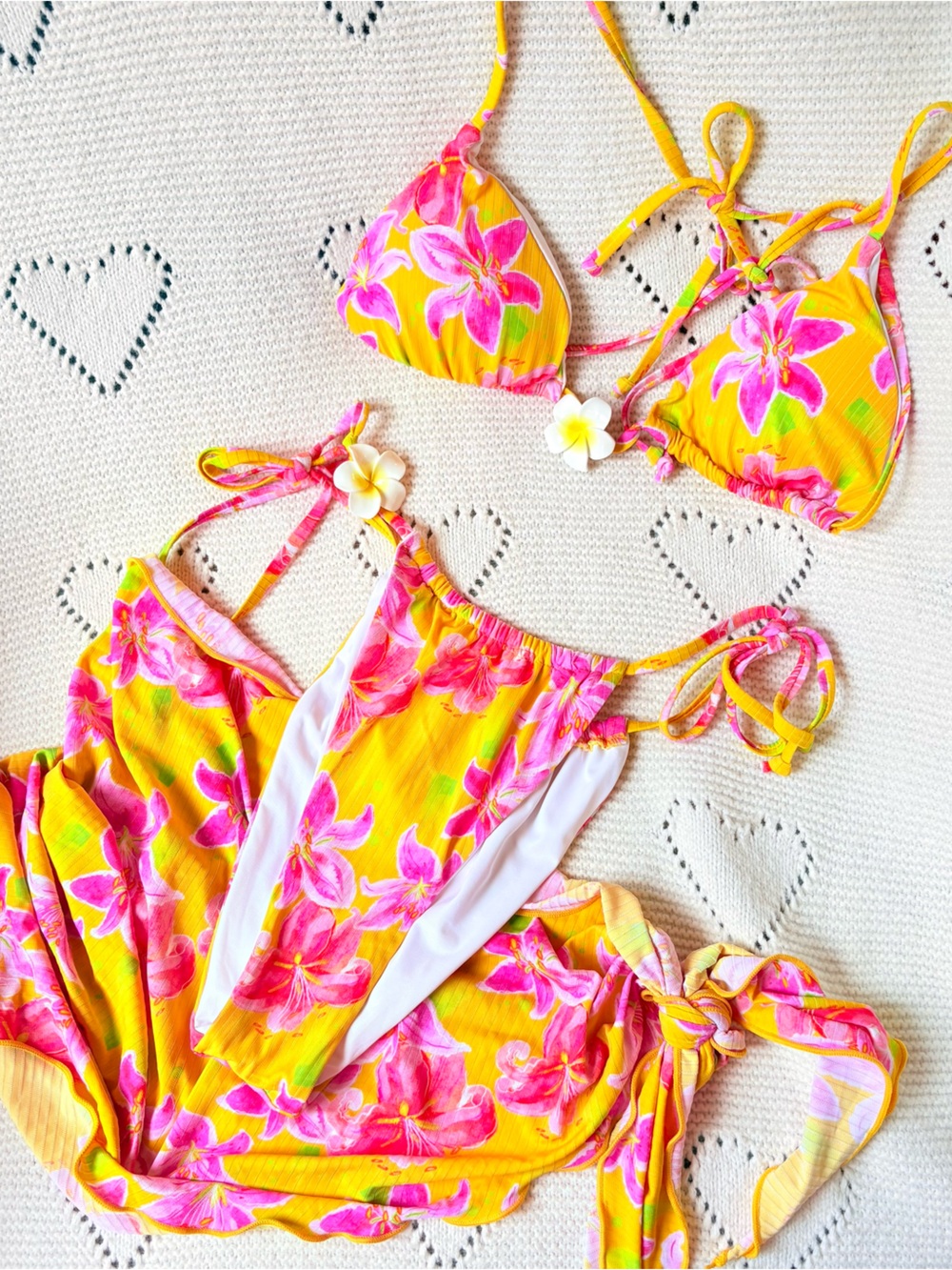Small Floral Tie-Side Bikini Set in Bright Yellow and Pink